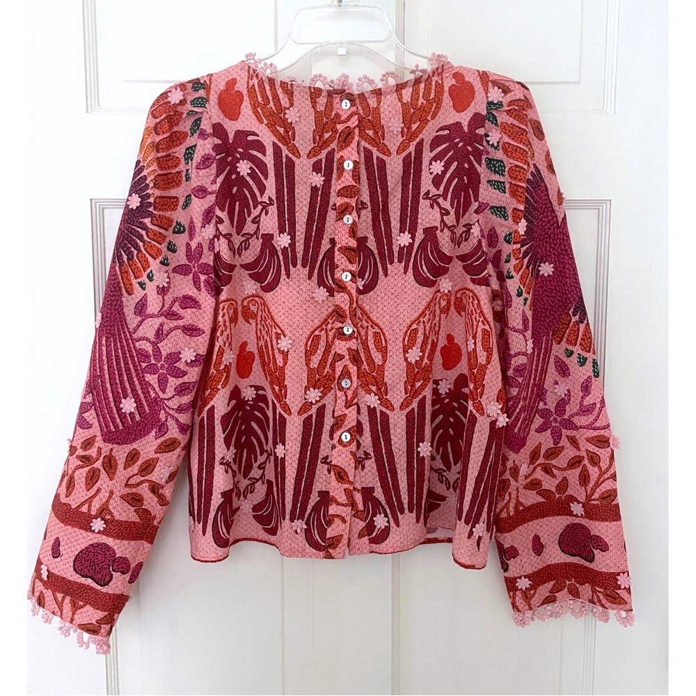 Farm Rio Ainika Macaws Parrot Toucan Bird Floral Top Blouse Red Pink Palm Leaf S - Picture 4 of 7